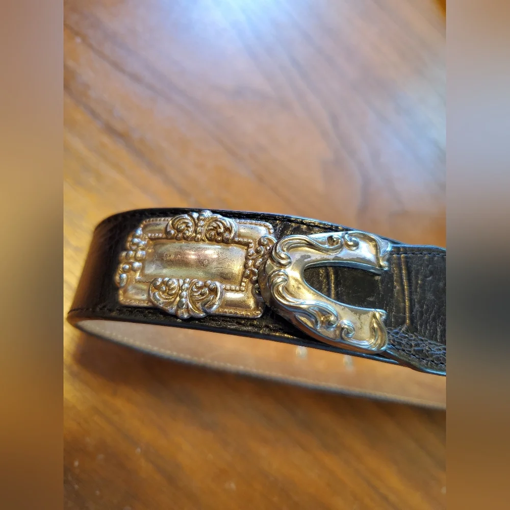 Vintage '93 Brighton Black Leather Belt Ornate Silver Buckle & Conchos Small  28